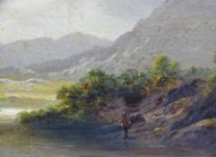 MILLSON HUNT oil on canvas - titled verso 'In North Wales', showing a lone fisherman by a lake