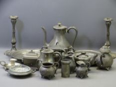 VINTAGE PEWTER & OTHER METALWARE ITEMS including a pair of candlesticks, teaset items, warming
