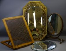 VINTAGE CANEWORK BACK REST, brass framed wall mirror and one other with an oval mahogany toilet