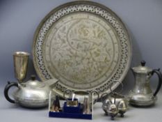BEATEN PEWTER FOUR-PIECE TEASET, EP CONDIMENT SET, Persian style white metal tray ETC