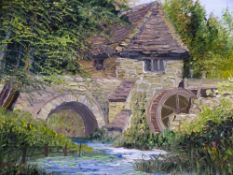 ANN CELIA oil on board - an old style mill with water wheel and bridge, 24.25 x 34.5cms