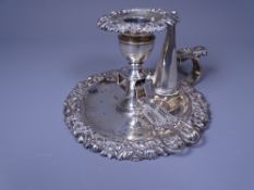 GEORGE IV CHAMBER STICK with cone and scissor action candle snuffers, London 1827, makers Rebecca