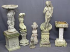 GARDEN STONEWARE - a good assortment of bird baths and ornaments, 123cms the tallest (as per image)