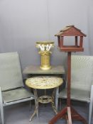GARDEN FURNITURE - metal table, decorative pedestal, lightweight modern chairs, bird house and a