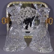 VINTAGE DECORATIVE TWIN-HANDLED DRINKS TRAY with a pair of modern bell shape lead crystal