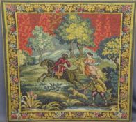 VINTAGE STYLE WOOLWORK TAPESTRY of a classical style hunting scene, 118.5 x 126cms, mounted on a