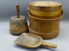 ANTIQUE WOODEN LIDDED SALT BUCKET & SCOOP and a carpenter's/mason's mallet