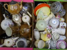 VICTORIAN & LATER TEAPOTS, decorative cabinet mugs, lustre candlesticks, Carltonware ETC (2 boxes)