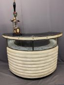 STYLISH MID-CENTURY CURVED HOME BAR in black chrome effect and cream rexine, 105.5cms H, 147cms W,