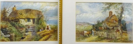 IN THE MANNER OF MYLES BIRKET FOSTER watercolours, a pair - depicting a young girl with cow before a