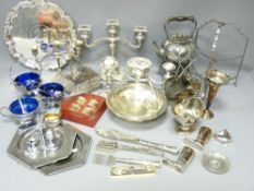 SPIRIT KETTLE ON STAND, BUTTER DISH, other items of EPNS and metalware (within 2 boxes)