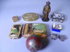 ANTIQUE & LATER METALWARE BOXES FOR SNUFF/PILLS with a small bronze figure of a Night Watchman,