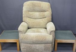 MODERN SLATE TOP OCCASIONAL TABLES, a pair, 32cms H, 47.5cms W, 47.5cms D and an oatmeal effect easy