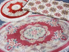 CHINESE WASHED RUGS, oval - 155 x 93cms, circular - 85cms diameter and a tapestry