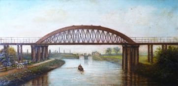 19TH SCHOOL oil on canvas - through arch steel railway bridge, 29 x 59cms