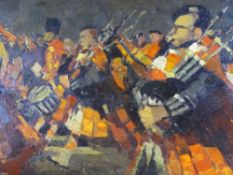 MILLICENT E AYRTON RCA oil on board - Scottish pipe band in full flow, signed and entitled label