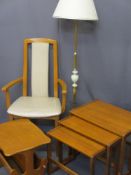MID-CENTURY TEAK PARCEL including nest of three tables, magazine rack, a chair and a standard lamp