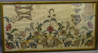18TH CENTURY NEEDLEWORK SILK PANEL, labelled to the front 'This was worked for the front of a