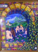 KARL HODGSON mixed media - nudes swimming in a pond by an arched window, signed with initials,
