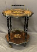 ITALIAN INLAID & EBONIZED TWO-TIER DRINKS TROLLEY, 72cms H, 56 x 56cms top