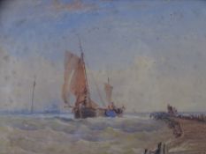THOMAS SEWELL ROBINS watercolour - yacht with figures by a wooden quay and distant shipping,
