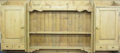 FARMHOUSE PINE ANTIQUE STYLE WALL HANGING RACK/CUPBOARD, 113cms H, 232cms W, 30cms D