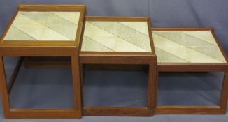 MID-CENTURY TEAK NEST OF THREE TILE TOP TABLES