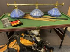 6FT SNOOKER TABLE & ACCESSORIES, triple overhanging light along with three bagged sets of golf clubs