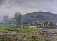 ROBERT DOBSON watercolour - expansive land and river scape with cattle watering and figures with dog