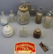VINTAGE BOTTLES & ADVERTISING GOODS including a glass panel 'We Sell Py-Shan Points Tea', glass