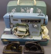 JONES ZIG ZAG ELECTRIC SEWING MACHINE IN CASE WITH FOOT PEDAL and two vintage cast iron desk