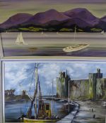 J DAVIES oil on board - Caernarfon Castle and Harbour with boats, signed and dated 1974, 44 x