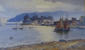 WARREN WILLIAMS ARCA expansive watercolour - Conwy featuring the Castle, Suspension Bridge, Quay and