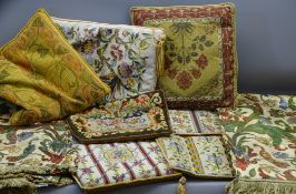 CLASSICAL STYLE SOFT FURNISHINGS to include seven tapestry type chair seat pads and a pair of