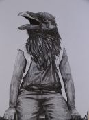 JACK IFFLA pencil drawing - illustration of a seated figure with a head of a crow, entitled verso '