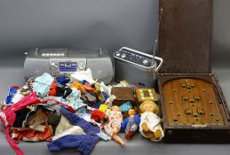 VINTAGE CORINTHIAN BAGATELLE BOARD, dolls and associated clothing, mahogany cribbage box ETC along