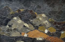 SIR KYFFIN WILLIAMS RA oil on board - Eryri mountains with quarry cottages at base, title