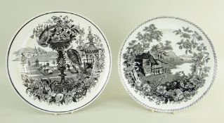 TWO UNCOMMON SWANSEA DILLWYN PLATES WITH MONOCHROME TRANSFERS comprising 'Oriental Basket' featuring