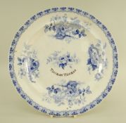 A SWANSEA DILLWYN POTTERY PLATE FOR THOMAS THOMAS in a light blue transfer pattern known as '
