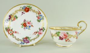 A NANTGARW PORCELAIN BREAKFAST CUP & SAUCER being the type with inverted heart-shaped handle curving