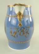 RARE 18TH CENTURY SWANSEA CAMBRIAN PEARLWARE JUG of bellied form with ear-shaped loop handle, blue