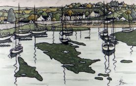 ALAN WILLIAMS acrylic - harbour with numerous boats, entitled verso 'Abersoch 2', signed, 33 x 52cms