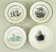 FOUR SWANSEA DILLWYN CHILD'S PLATES each having moulded tulip and rose borders, with transfer