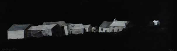 JOHN KNAPP-FISHER oil on card - moonlit whitewashed buildings against sheer black, entitled on