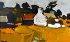 DONALD McINTYRE early period oil - Ynys Mon buildings and trees, entitled verso 'Cottages Llanddona'