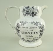 1832 GLAMORGAN POTTERY POLITICAL REFORM JUG of bellied form with spreading foot and ear-shaped