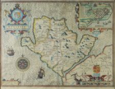 JOHN SPEED coloured antiquarian map of Anglesey 'Antiently called Mona' dated 1610, with inset of