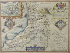 JOHN SPEED coloured antiquarian map of Cardigan Shyre 'described with the due forme of the Shire-