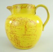 A RARE SWANSEA CAMBRIAN EARTHENWARE POLITICAL SATIRE JUG of bulbous form with loop handle, in