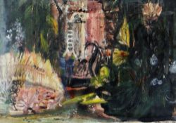 LESLIE MOORE watercolour - colourful semi-abstract garden scene, signed and dated 1958, 42.5 x 61.